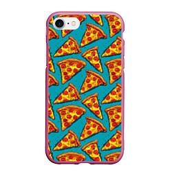 Чехол iPhone 7/8 матовый Кусочки пиццы на синем фоне, цвет: 3D-малиновый