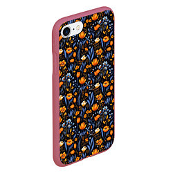 Чехол iPhone 7/8 матовый Цветы на темном фоне узор, цвет: 3D-малиновый — фото 2