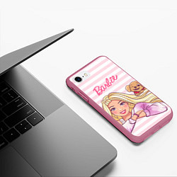 Чехол iPhone 7/8 матовый Барби с щенком: розово-белая горизонтальная полоск, цвет: 3D-малиновый — фото 2