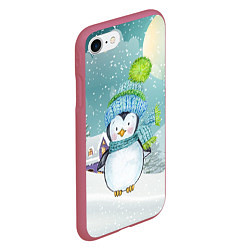 Чехол iPhone 7/8 матовый Новогодний пингвин, цвет: 3D-малиновый — фото 2
