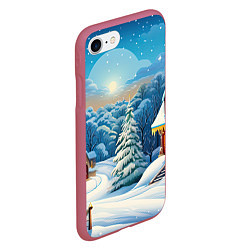 Чехол iPhone 7/8 матовый Зимний домик и елка, цвет: 3D-малиновый — фото 2