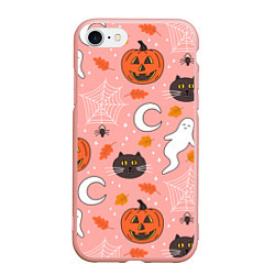 Чехол iPhone 7/8 матовый Тыквы и кошки на розовом фоне, цвет: 3D-светло-розовый