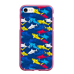 Чехол iPhone 7/8 матовый Разноцветные акулы на глубине, цвет: 3D-малиновый
