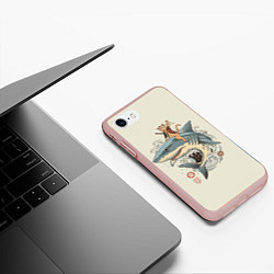 Чехол iPhone 7/8 матовый Кот якудза верхом на акуле, цвет: 3D-светло-розовый — фото 2