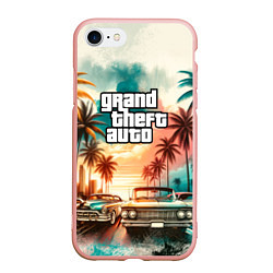 Чехол iPhone 7/8 матовый ГТА - пальмы и машины, цвет: 3D-светло-розовый