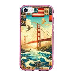 Чехол iPhone 7/8 матовый Мост через реку и пэчворк - нейросеть арт USA brid, цвет: 3D-малиновый