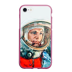 Чехол iPhone 7/8 матовый Гагарин в полете, цвет: 3D-малиновый