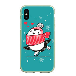 Чехол iPhone XS Max матовый Пингвинчик на коньках, цвет: 3D-салатовый