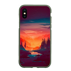 Чехол iPhone XS Max матовый Minimal forest sunset, цвет: 3D-темно-зеленый