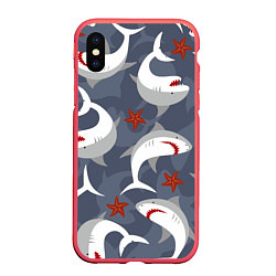 Чехол iPhone XS Max матовый Акулы, цвет: 3D-красный