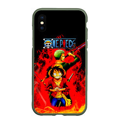 Чехол iPhone XS Max матовый Зоро и Луффи в огне One Piece, цвет: 3D-темно-зеленый