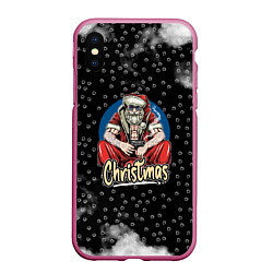 Чехол iPhone XS Max матовый Merry Christmas Santa с пистолетом, цвет: 3D-малиновый