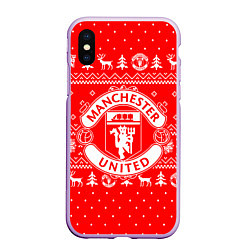 Чехол iPhone XS Max матовый FC Manchester United: Новогодний узор, цвет: 3D-сиреневый