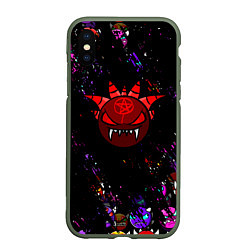 Чехол iPhone XS Max матовый Геометрический рывок Geometry Dash смайлы demon, цвет: 3D-темно-зеленый