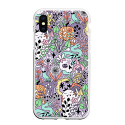 Чехол iPhone XS Max матовый Хэллоуин Ведьма, кот, череп, тыква, призрак и гриб