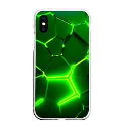 Чехол iPhone XS Max матовый 3D ПЛИТЫ НЕОН NEON GREEN HEXAGON РАЗЛОМ, цвет: 3D-белый