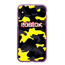 Чехол iPhone XS Max матовый Roblox Камуфляж Чёрно-Жёлтый, цвет: 3D-фиолетовый