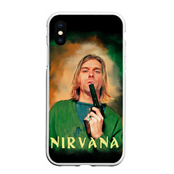 Чехол iPhone XS Max матовый Nirvana - Kurt Cobain with a gun, цвет: 3D-белый