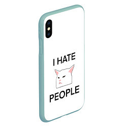 Чехол iPhone XS Max матовый I hate people, дизайн с белым мемным котом, цвет: 3D-мятный — фото 2