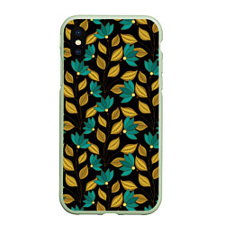 Чехол iPhone XS Max матовый Золотые и зеленые листья, цвет: 3D-салатовый