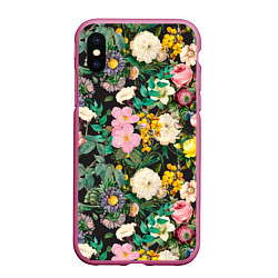 Чехол iPhone XS Max матовый Паттерн из летних цветов Summer Flowers Pattern, цвет: 3D-малиновый