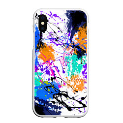 Чехол iPhone XS Max матовый Брызги и мазки разноцветных красок на белом фоне, цвет: 3D-белый