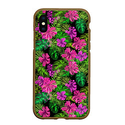 Чехол iPhone XS Max матовый Тропические листья и цветы на черном фоне, цвет: 3D-коричневый
