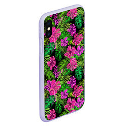 Чехол iPhone XS Max матовый Тропические листья и цветы на черном фоне, цвет: 3D-светло-сиреневый — фото 2