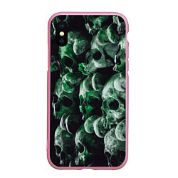 Чехол iPhone XS Max матовый Множество черепов во тьме - Зелёный, цвет: 3D-розовый