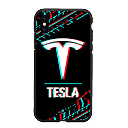 Чехол iPhone XS Max матовый Значок Tesla в стиле Glitch на темном фоне, цвет: 3D-черный