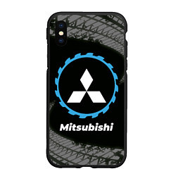 Чехол iPhone XS Max матовый Mitsubishi в стиле Top Gear со следами шин на фоне, цвет: 3D-черный