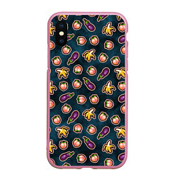 Чехол iPhone XS Max матовый Баклажаны персики бананы паттерн, цвет: 3D-розовый