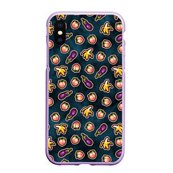 Чехол iPhone XS Max матовый Баклажаны персики бананы паттерн, цвет: 3D-сиреневый