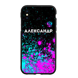 Чехол iPhone XS Max матовый Александр и неоновый герб России: символ сверху, цвет: 3D-черный