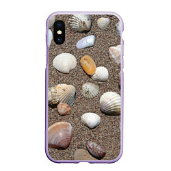 Чехол iPhone XS Max матовый Композиция из ракушек на песке, цвет: 3D-светло-сиреневый
