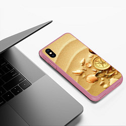 Чехол iPhone XS Max матовый Композиция из ракушек и компаса на песке, цвет: 3D-малиновый — фото 2