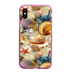 Чехол iPhone XS Max матовый Морские раковины, кораллы, морские звёзды на песке, цвет: 3D-малиновый