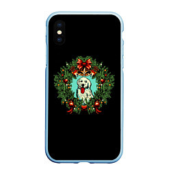 Чехол iPhone XS Max матовый Новый год венок и собака, цвет: 3D-голубой