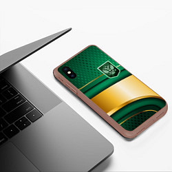 Чехол iPhone XS Max матовый Герб России на зеленой абстракции, цвет: 3D-коричневый — фото 2