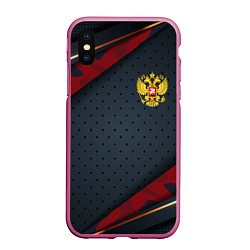 Чехол iPhone XS Max матовый Герб России черно-красный камуфляж, цвет: 3D-малиновый