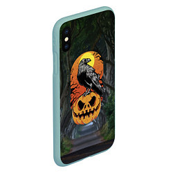 Чехол iPhone XS Max матовый Ворон, сидящий на тыкве - Halloween, цвет: 3D-мятный — фото 2