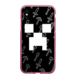 Чехол iPhone XS Max матовый Майкрафт паттерн - Криппер, цвет: 3D-малиновый