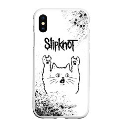 Чехол iPhone XS Max матовый Slipknot рок кот на светлом фоне, цвет: 3D-белый