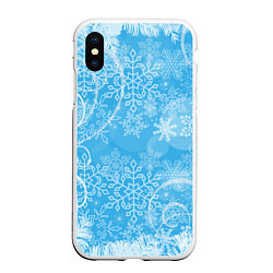 Чехол iPhone XS Max матовый Морозный узор на голубом стекле, цвет: 3D-белый