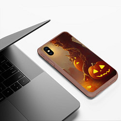 Чехол iPhone XS Max матовый Жуткое дерево и улыбающаяся тыква на Хэллоуин, цвет: 3D-коричневый — фото 2