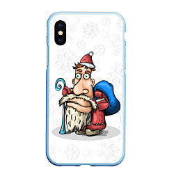 Чехол iPhone XS Max матовый Дед Мороз спешит с подарками на фоне снежинок, цвет: 3D-голубой