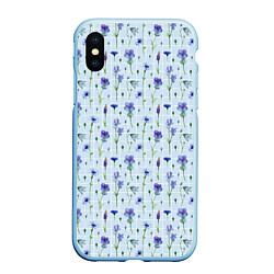 Чехол iPhone XS Max матовый Синие и фиолетовые цветы на голубой клетке, цвет: 3D-голубой