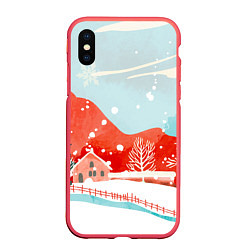 Чехол iPhone XS Max матовый Зимние новогодние горы, цвет: 3D-красный