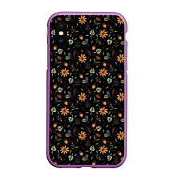 Чехол iPhone XS Max матовый Уютные растения на чёрном фоне, цвет: 3D-фиолетовый