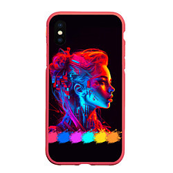 Чехол iPhone XS Max матовый Нейросеть - девушка киборг в неоновом свечении, цвет: 3D-красный